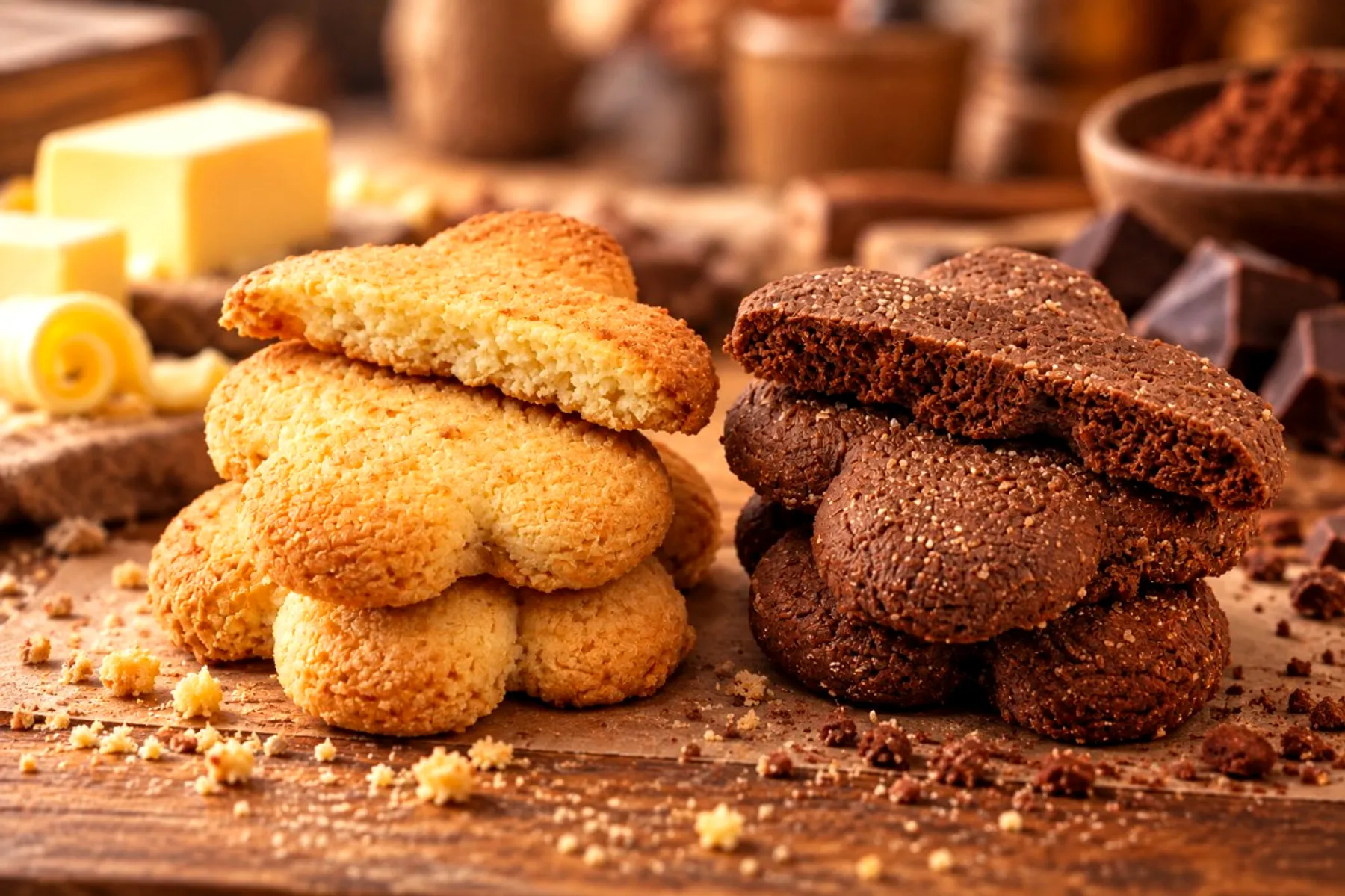 Маслени и какаови цветни бисквити Koleff Chocolatier върху дървена маса с масло и какао на прах