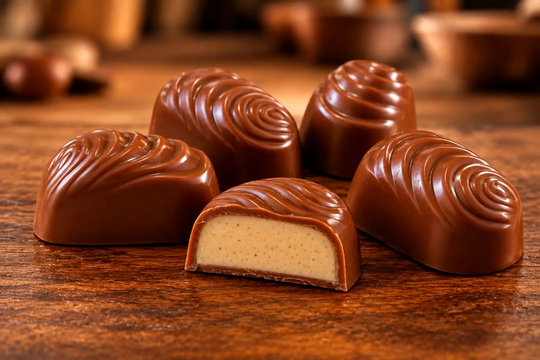 Koleff Chocolatier milk chocolate pralines with spiral tops, one cut open to show creamy filling