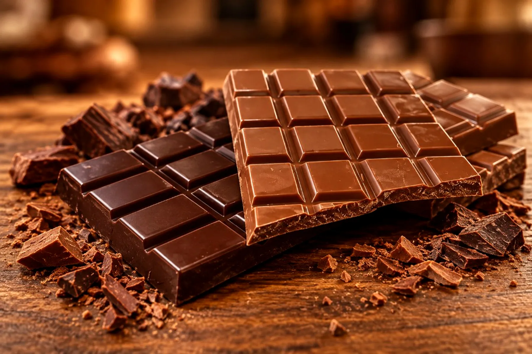 Млечни и тъмни шоколадови блокчета Koleff Chocolatier с парчета шоколад върху дървена повърхност