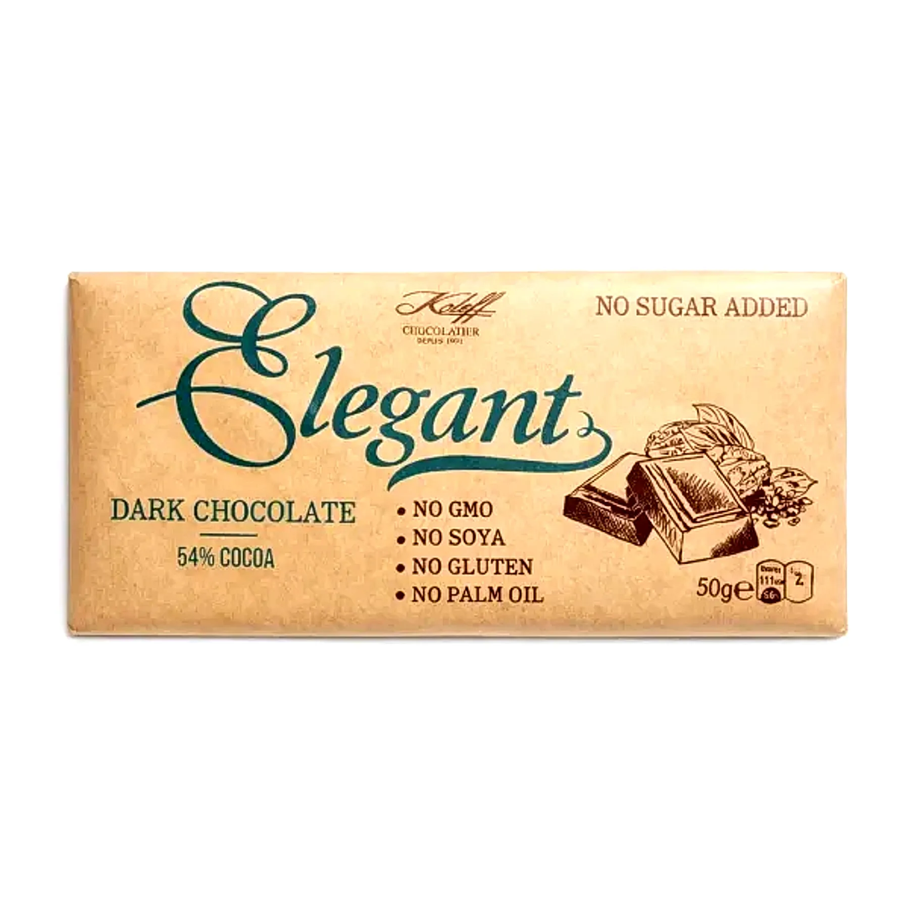 Koleff Chocolatier Elegant dark chocolate 54% cocoa packaging - no sugar added, 50 g