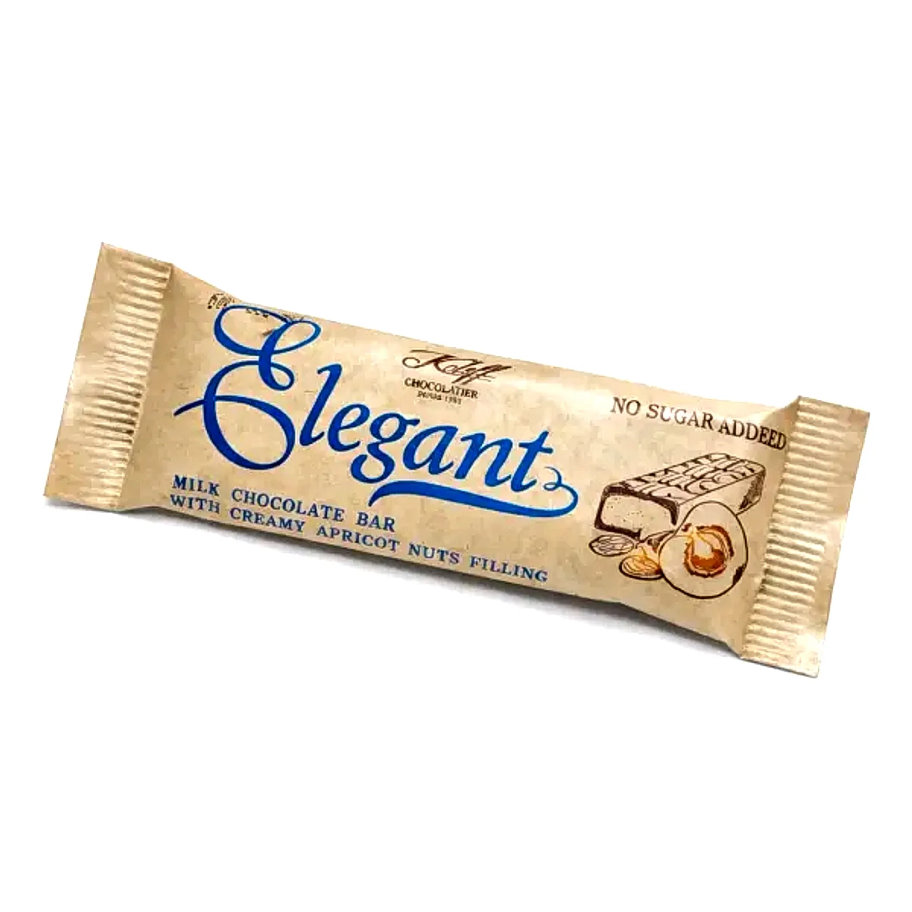Koleff Chocolatier Elegant milk chocolate bar with creamy apricot nuts filling packaging - no sugar added
