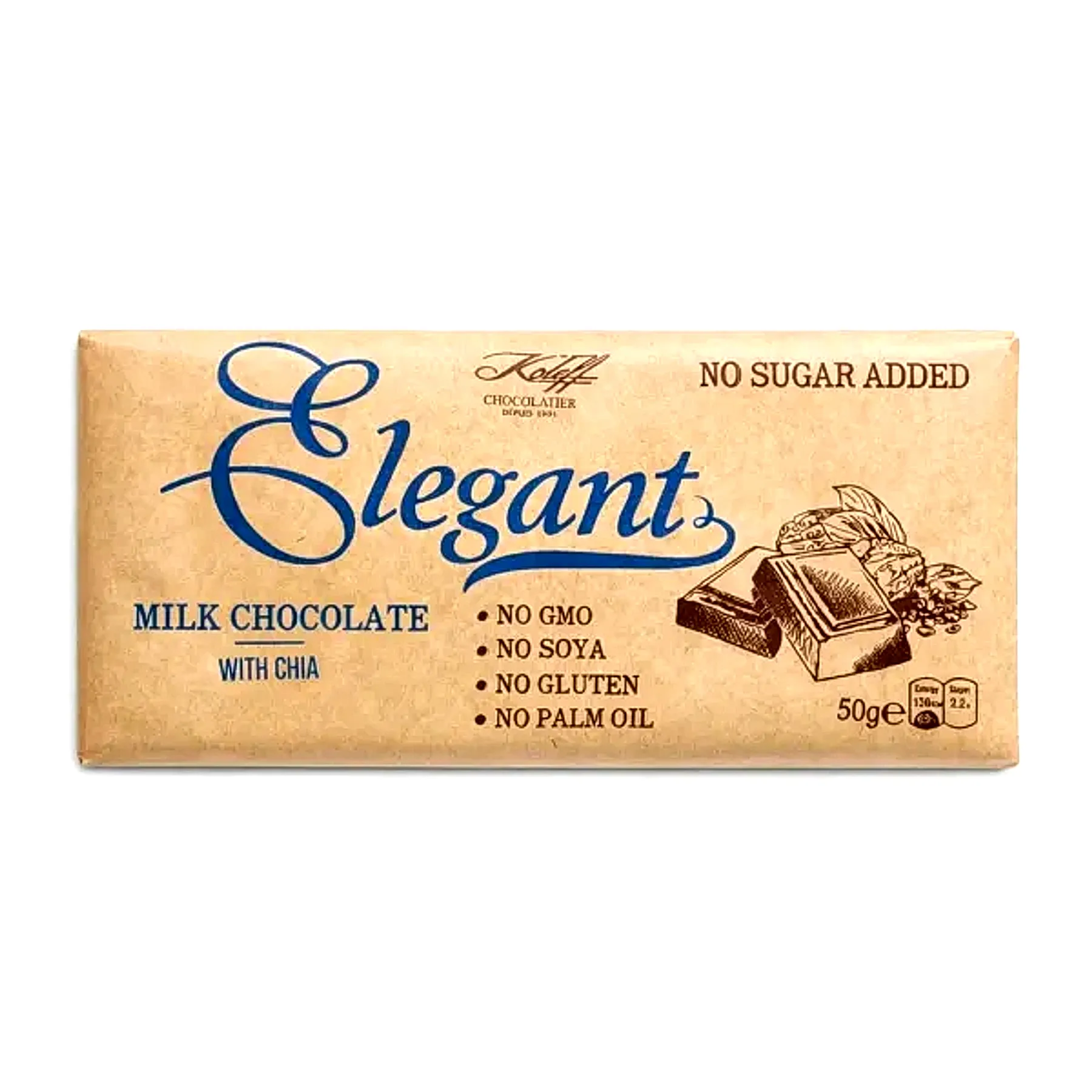 Опаковка Elegant млечен шоколад Koleff Chocolatier със семена от чия - без добавена захар, 50 g