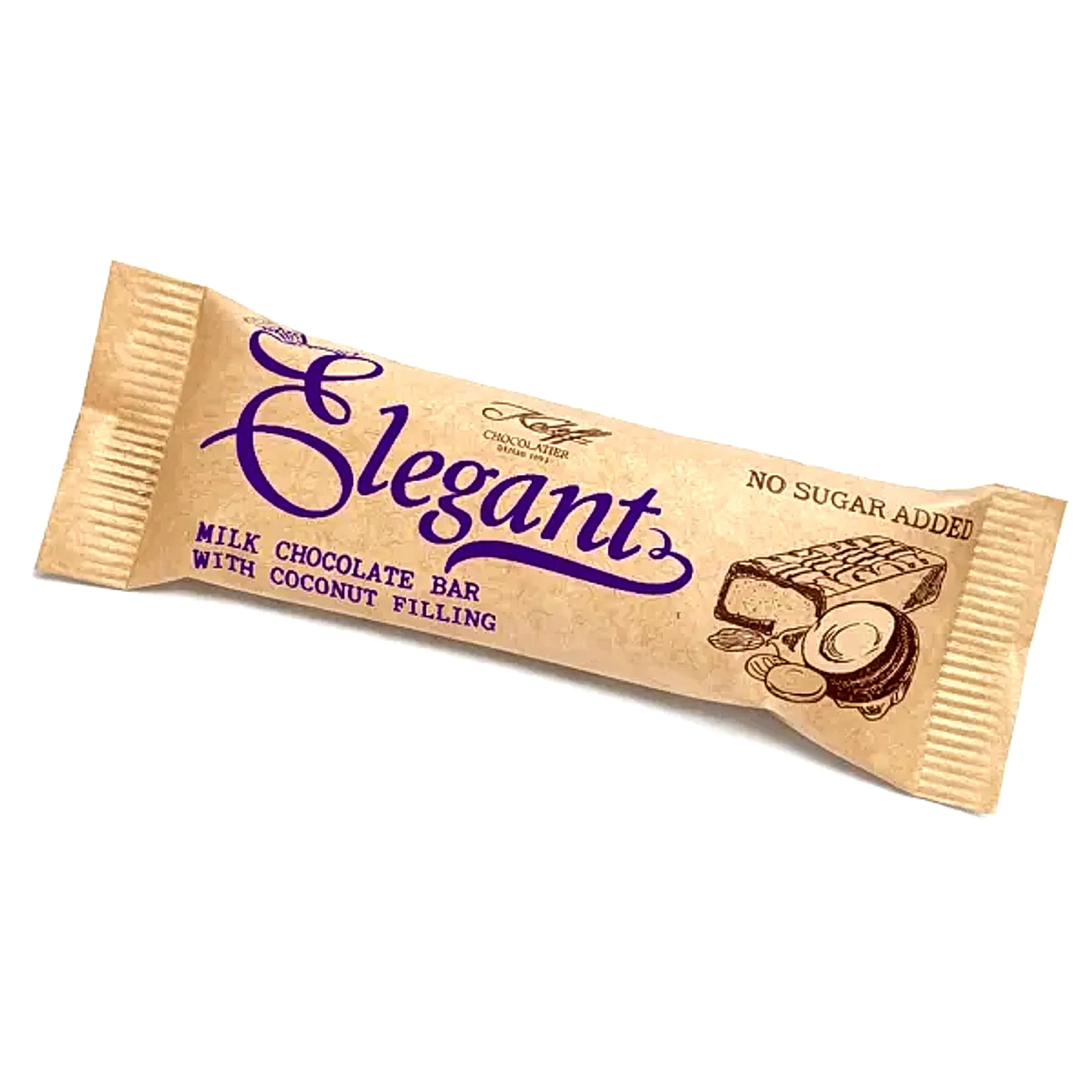 Koleff Chocolatier Elegant milk chocolate bar with coconut filling packaging - no sugar added