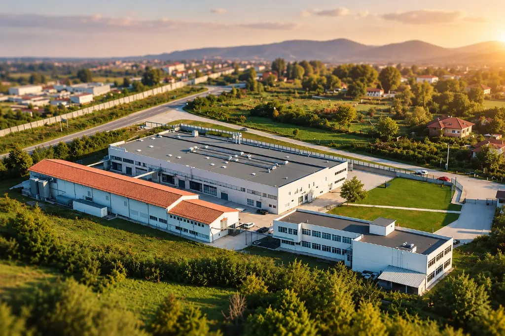 Aerial view of Koleff Chocolatier chocolate factory and headquarters in Gabrovo, Bulgaria