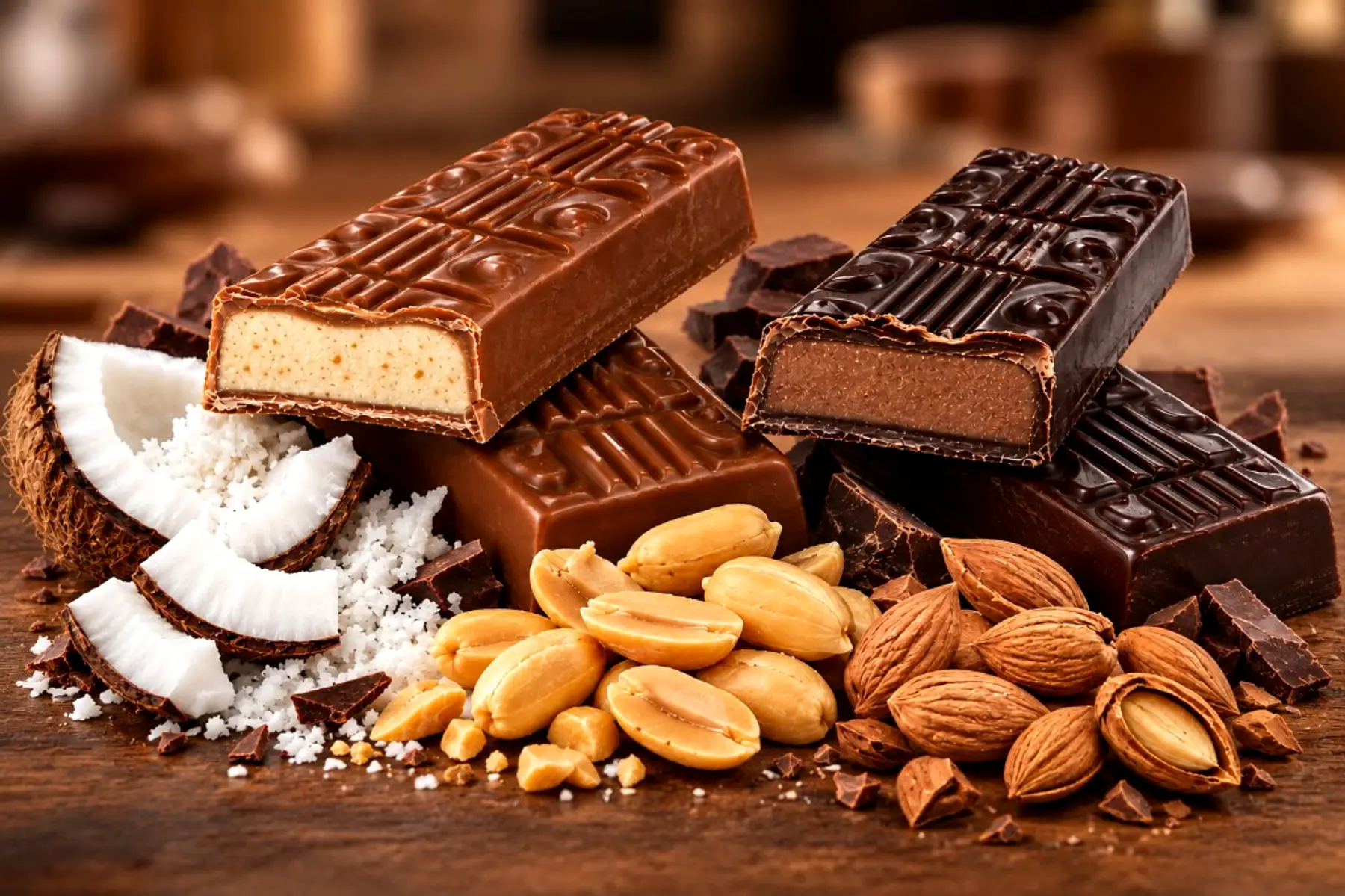 Koleff Chocolatier filled milk and dark chocolate bars with coconut, peanut and almond fillings