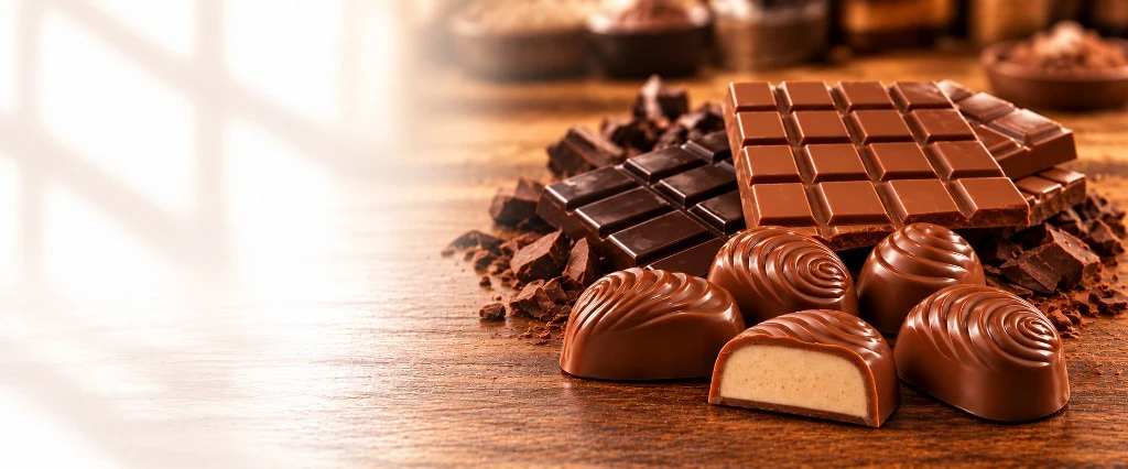 Koleff Chocolatier milk and dark chocolate bars with filled pralines on a wooden table - Bulgarian chocolate manufacturer in Gabrovo since 1991