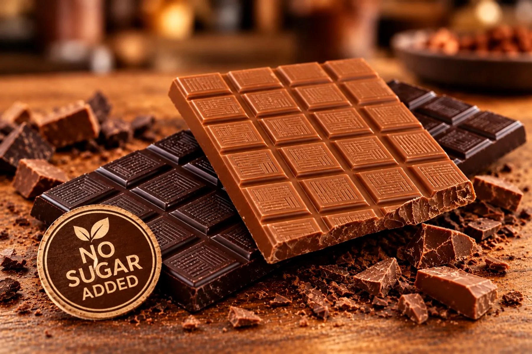 Млечни и тъмни шоколадови блокчета Koleff Chocolatier с печат „без добавена захар“ върху дървена повърхност