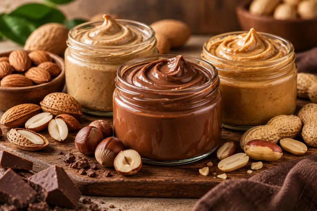 Koleff Chocolatier almond, hazelnut and peanut nut creams in glass jars with whole nuts